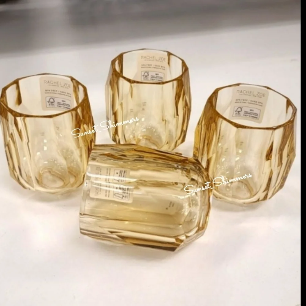 Rachel Zoe 4 piece Amber Acrylic Crystal Tumbler Cup Drink Glass Set  NEW